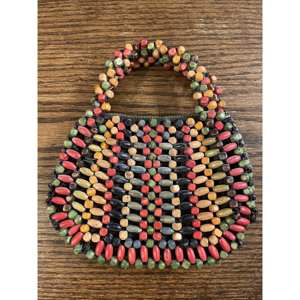 Vintage 1930’s Czechoslovakia Wooden Rainbow Beaded Clutch Mini Purse 6” x 4”